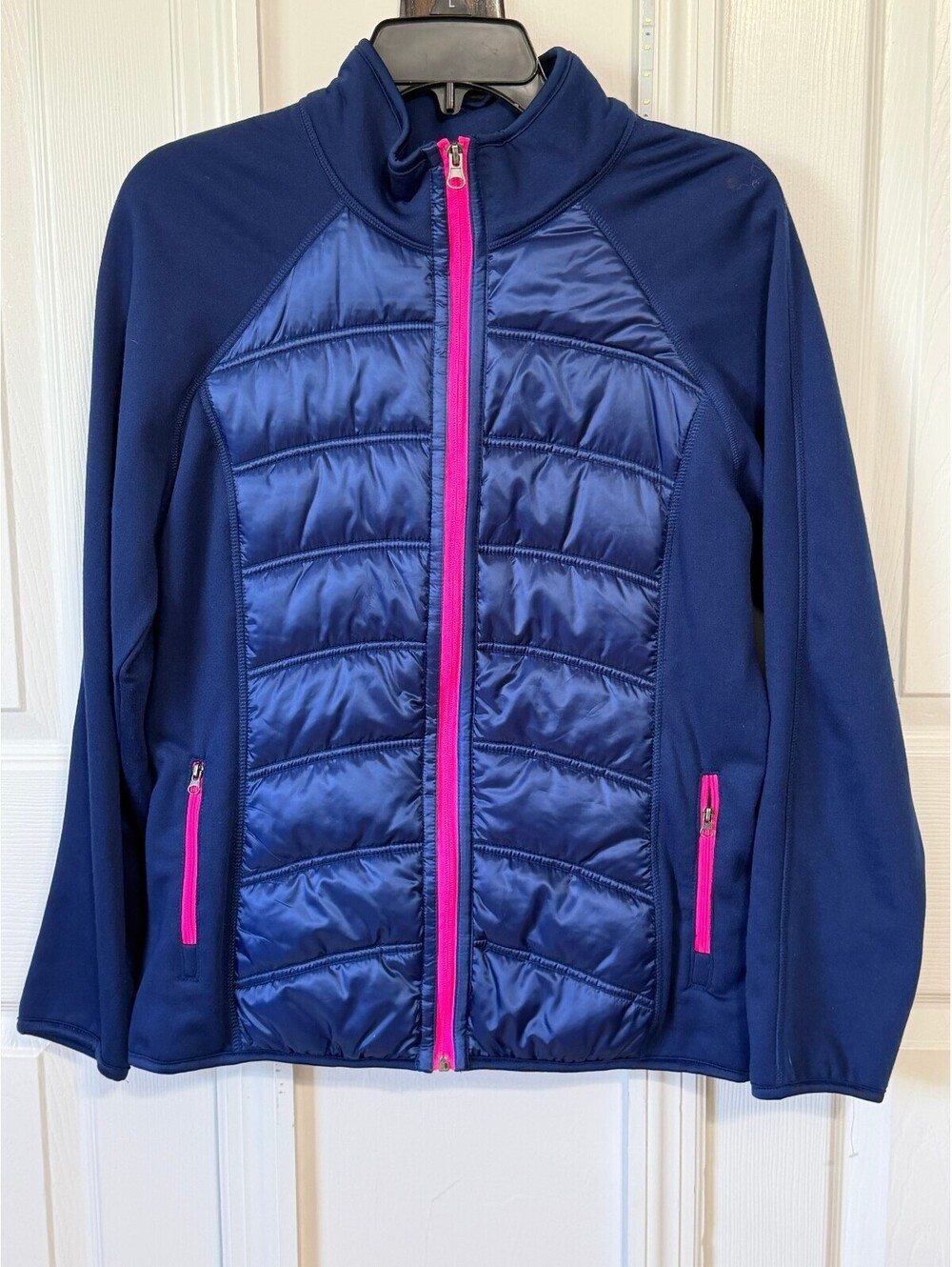 Reel Legends Women's Navy Blue Quilted and Fleece Jacket with Pink Zippers Large